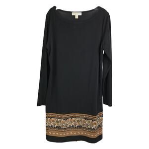 Michael Michael Kors Dress Womens L Black Gold Floral‎ Long Sleeves Scoop Neck